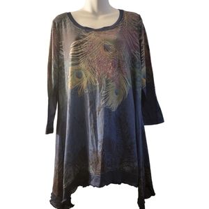 Long Tee with Peacock Print, 3/4 Sleeve and Irregular Bottom Hem - Longer Sides